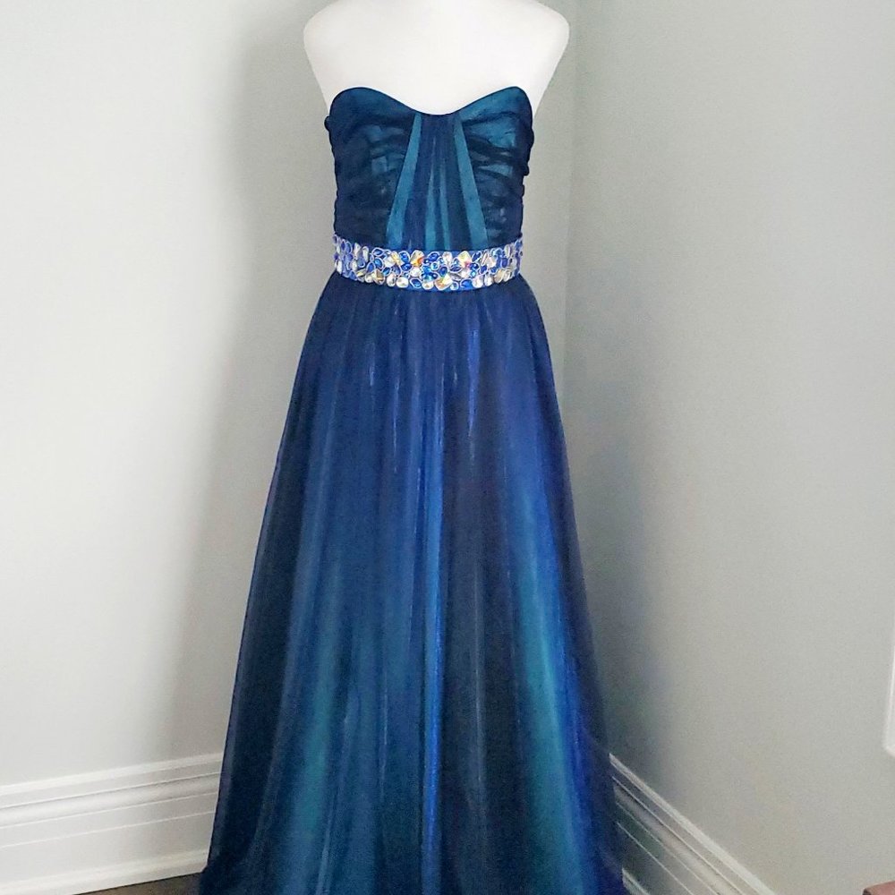 Cobalt Blue Strapless Gown Dress Shimmer Sheer Overlay Embellished Waistline